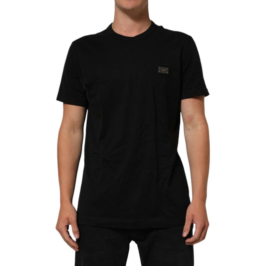 Dolce & Gabbana Black Logo Plaque Cotton Crew Neck T-shirt with short sleeves and classic style, worn by a model, showing front view.