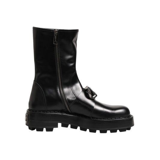 Dolce & Gabbana Black Logo Plaque Mid Calf Biker Boots Shoes made of premium leather with zipper and buckle detail