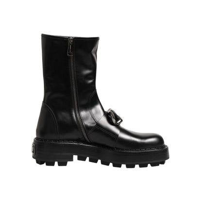 Dolce & Gabbana Black Logo Plaque Mid Calf Biker Boots Shoes in black leather, featuring a side zipper and rugged sole for a stylish look.