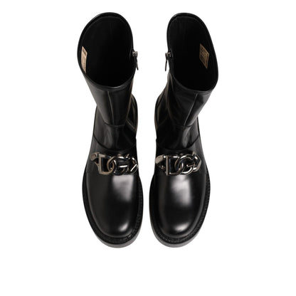 Dolce & Gabbana Black Logo Plaque Mid Calf Biker Boots Shoes in premium leather with a structured silhouette and sturdy sole for urban style.