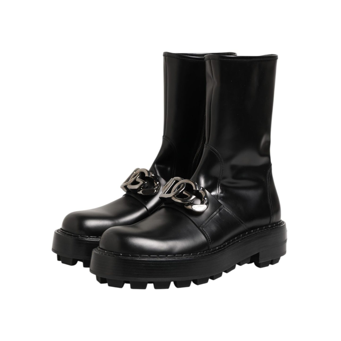Dolce & Gabbana Black Logo Plaque Mid Calf Biker Boots Shoes in premium leather with sturdy sole and classic biker details.