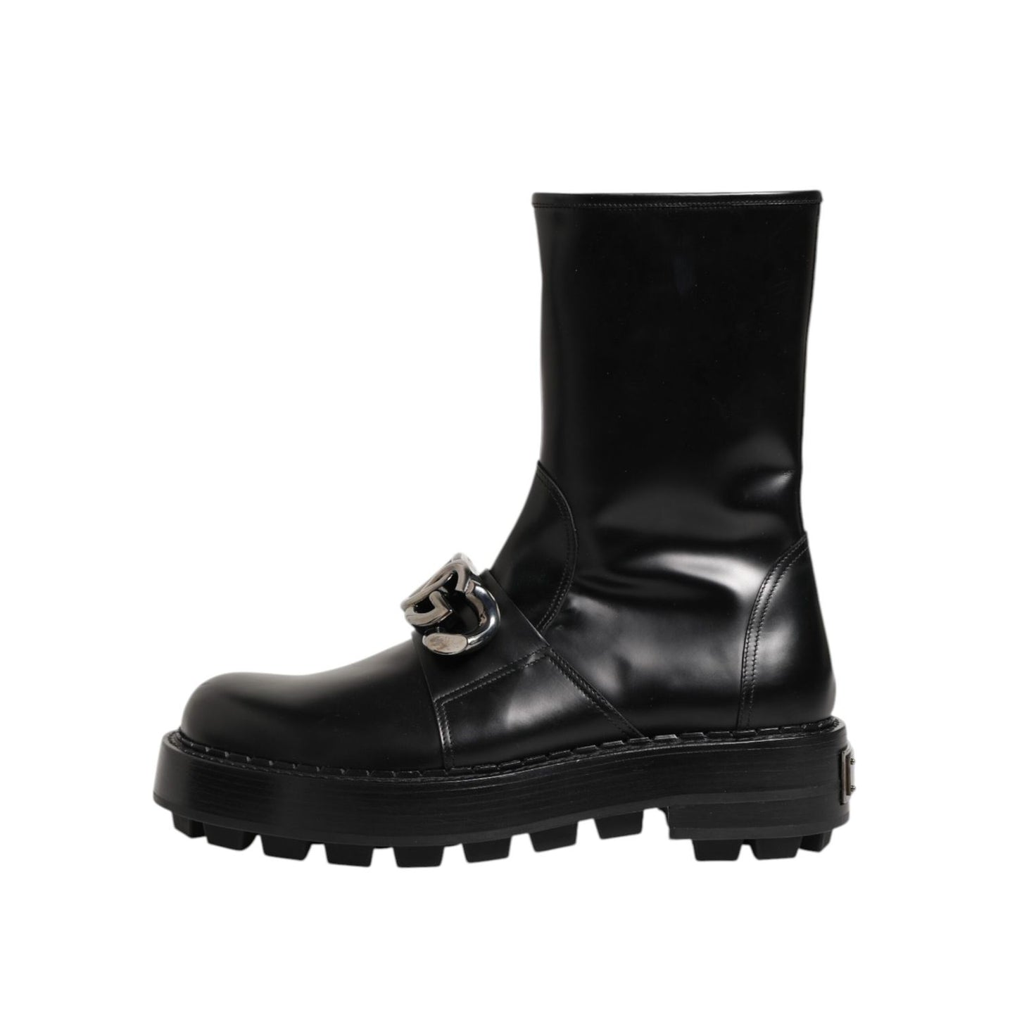 Dolce & Gabbana Black Logo Plaque Mid Calf Biker Boots Shoes crafted from premium leather with structured silhouette and sturdy sole.
