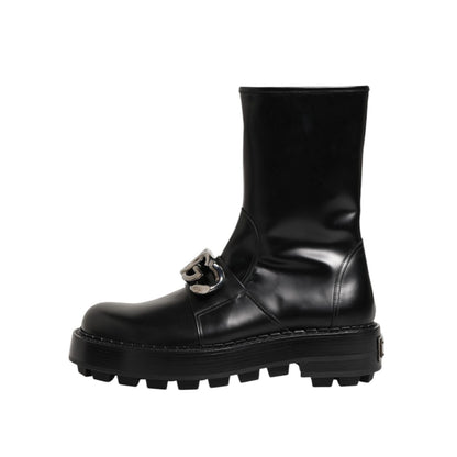 Dolce & Gabbana Black Logo Plaque Mid Calf Biker Boots Shoes crafted from premium leather with structured silhouette and sturdy sole.