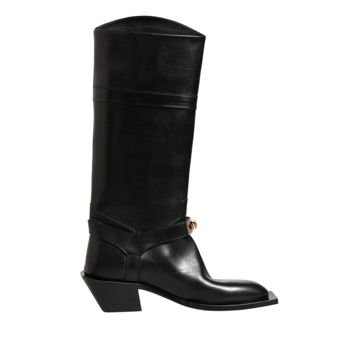 Dolce & Gabbana Black Logo Plaque Over The Calf Boot Shoes with sleek design and logo plaque accent.