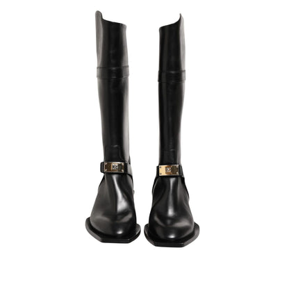 Dolce & Gabbana Black Logo Plaque Over The Calf Boot Shoes with signature logo plaque and sleek black finish, stylish and chic statement footwear.