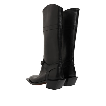 Dolce & Gabbana Black Logo Plaque Over The Calf Boot Shoes with sleek design and logo plaque accent, perfect for a chic ensemble.