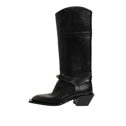 Dolce & Gabbana Black Logo Plaque Over The Calf Boot Shoes with sleek black finish and signature logo plaque accent.