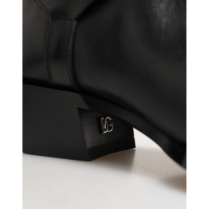 Dolce & Gabbana Black Logo Plaque Over The Calf Boot Shoes with sleek black finish and logo plaque detail on heel