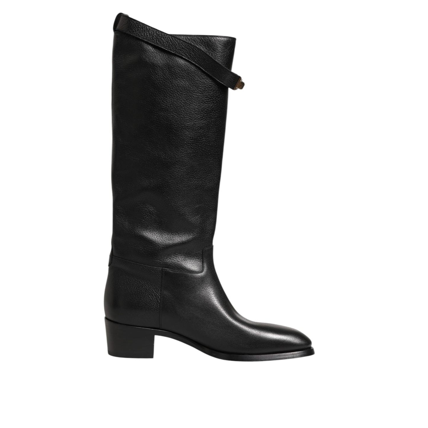 Dolce & Gabbana Black Logo Plaque Over The Calf Boots Shoes in sleek black leather with stylish over-the-calf design and signature logo plaque.