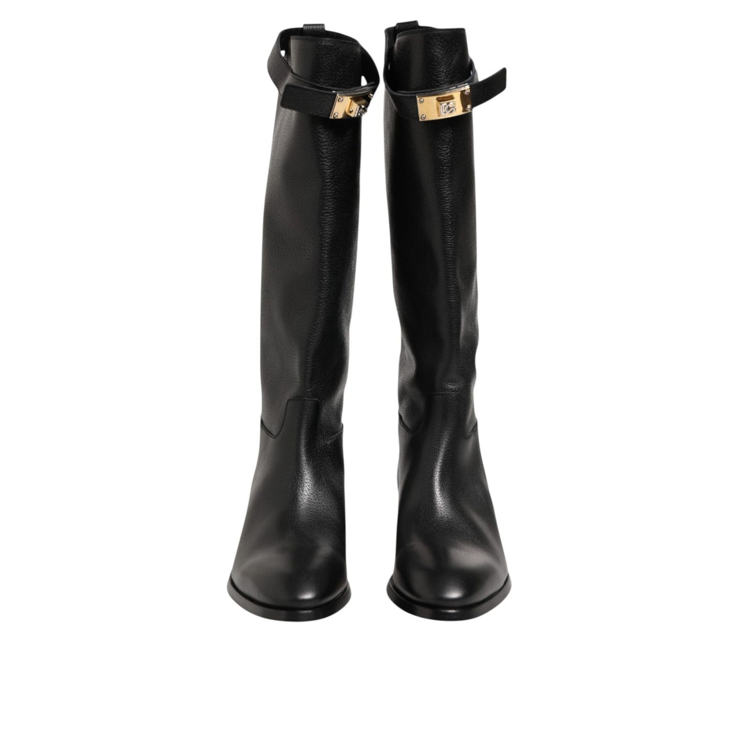 Dolce & Gabbana Black Logo Plaque Over The Calf Boots Shoes with sleek black finish and signature gold logo plaque accent.