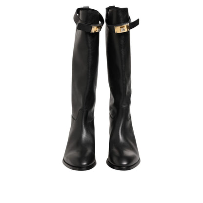 Dolce & Gabbana Black Logo Plaque Over The Calf Boots Shoes with sleek black finish and signature gold logo plaque accent.