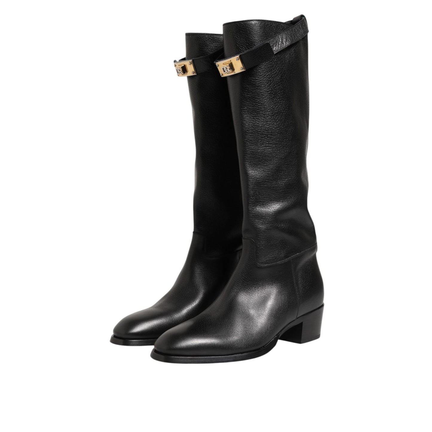 Dolce & Gabbana Black Logo Plaque Over The Calf Boots Shoes with sleek black finish and logo plaque accent.