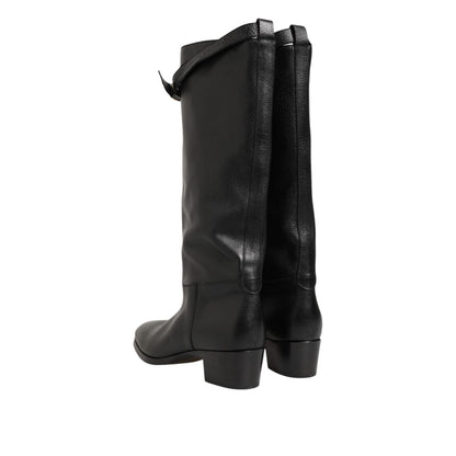 Dolce & Gabbana Black Logo Plaque Over The Calf Boots Shoes with sleek black finish and comfortable fit.
