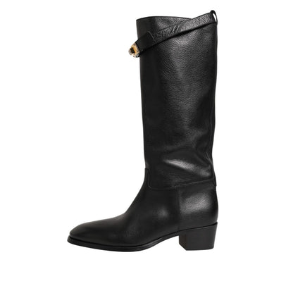 Dolce & Gabbana Black Logo Plaque Over The Calf Boots Shoes in sleek black leather with signature plaque accent.
