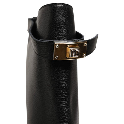 Dolce & Gabbana Black Logo Plaque Over The Calf Boots Shoes with gold logo plaque detail.