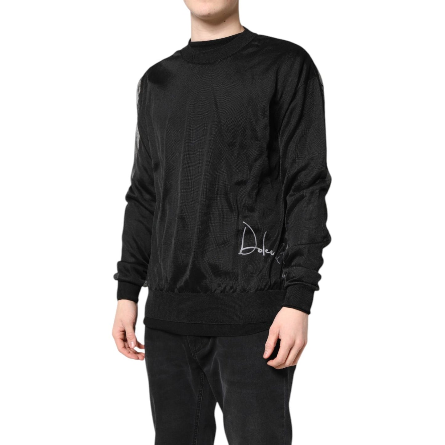 Dolce & Gabbana Black Logo Polyester CrewNeck Sweatshirt Sweater with logo detail, shown on model in black.