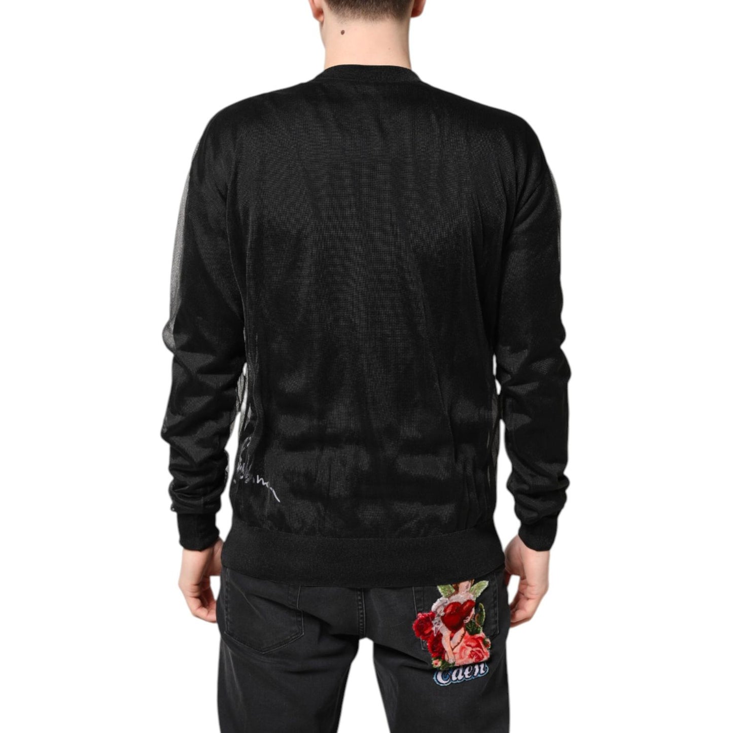 Back view of Dolce & Gabbana Black Logo Polyester CrewNeck Sweatshirt Sweater on model with embroidered jeans