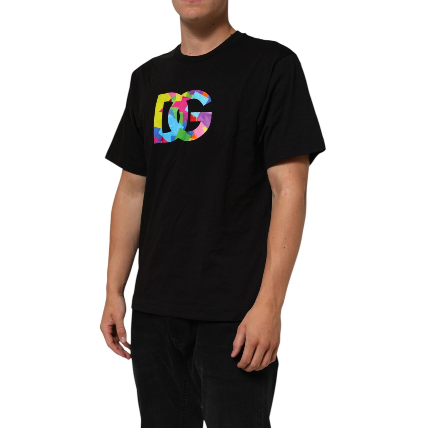 Dolce & Gabbana Black Logo Print Cotton Crew Neck T-shirt featuring colorful logo, short sleeves, and premium cotton material.