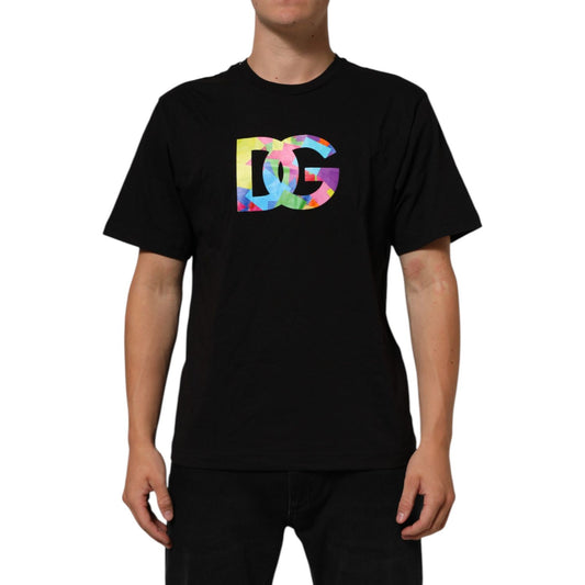 Dolce & Gabbana Black Logo Print Cotton Crew Neck T-shirt featuring colorful DG logo design.