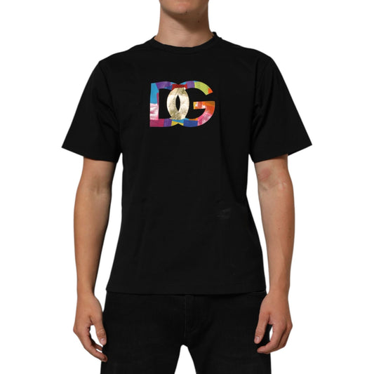 Dolce & Gabbana Black Logo Print Cotton Men Crew Neck T-shirt with colorful DG design on chest, classic style and premium fabric.