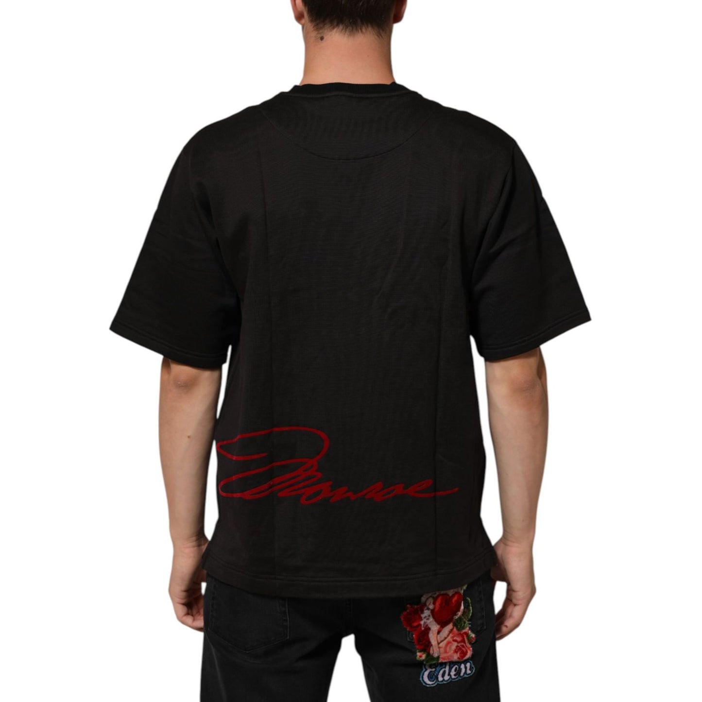 Back view of Dolce & Gabbana Black Marilyn Monroe Cotton Crew Neck T-shirt with red signature design.