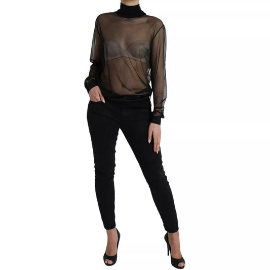 Dolce & Gabbana Black Mesh Turtleneck Sheer Blouse Top TSH852009-48