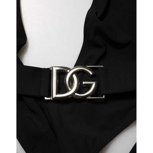 Dolce & Gabbana Black Nylon Deep V-Neck One Piece Swimwear with DG logo belt detail, showcasing luxury Italian craftsmanship.