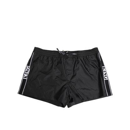 Dolce & Gabbana Black Nylon KING Sideband Men Boxer Shorts Swimwear with logo drawstring and KING sidebands.