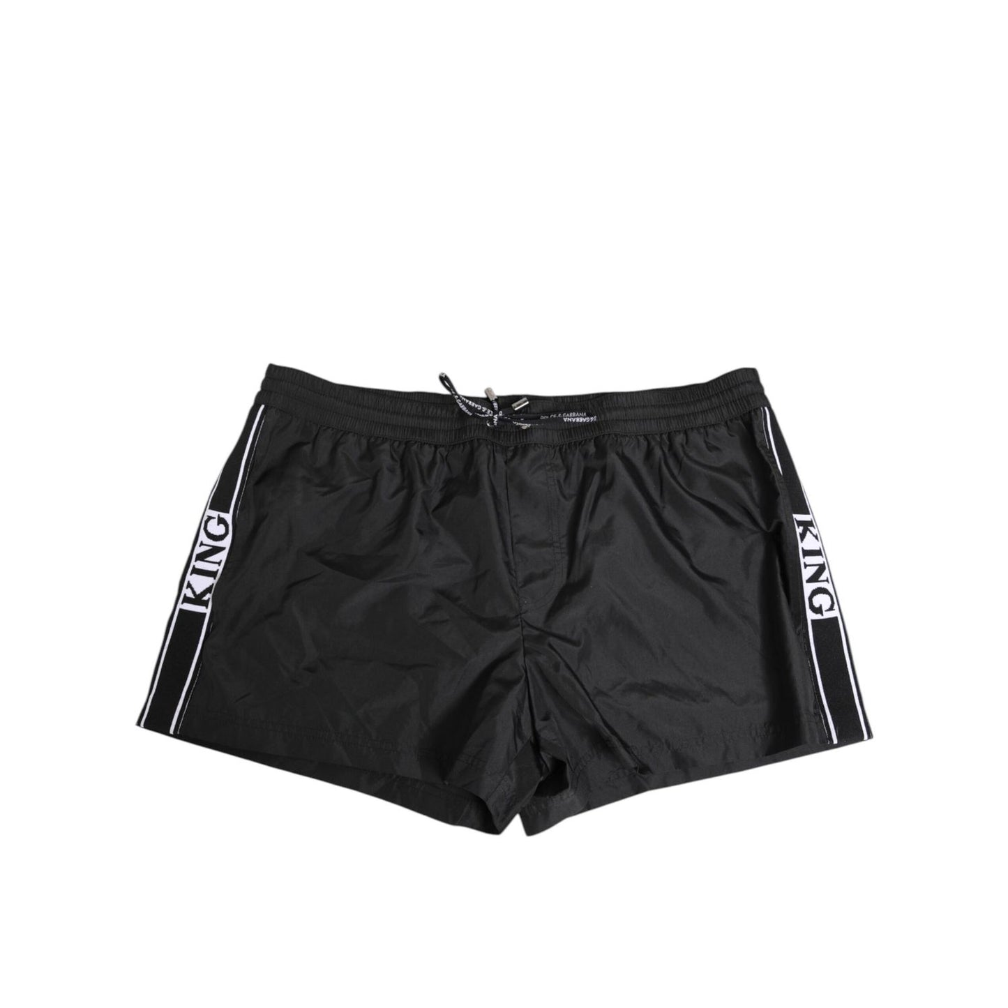 Dolce & Gabbana Black Nylon KING Sideband Men Boxer Shorts Swimwear with logo drawstring and KING sideband design.