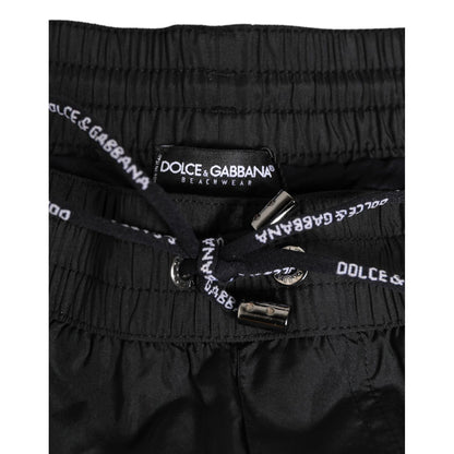 Dolce & Gabbana Black Nylon KING Sideband Men Boxer Shorts Swimwear with elastic waistband and drawstring detail.