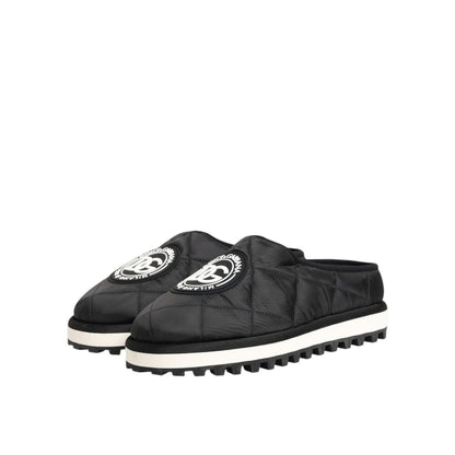 Dolce & Gabbana Black Nylon Low Top Slip On Sneaker Shoes with quilted design and logo embellishment, perfect for casual style.