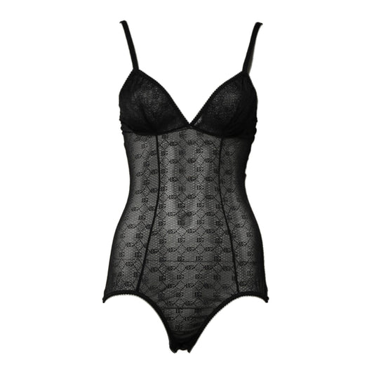 Dolce & Gabbana Black Nylon Stretch Bodysuit Lingerie Underwear, elegant black lingerie with logo details, made in Italy.