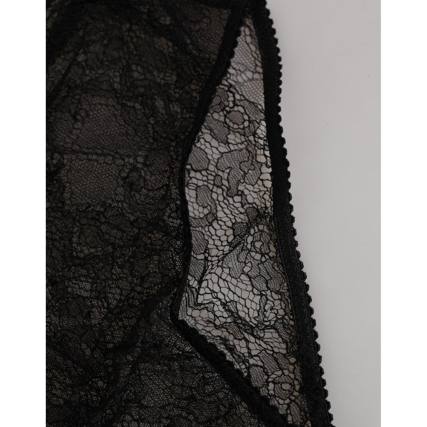 Close-up of Dolce & Gabbana Black Nylon Stretch High Waist Panty Underwear with lace detail, showcasing fine craftsmanship.