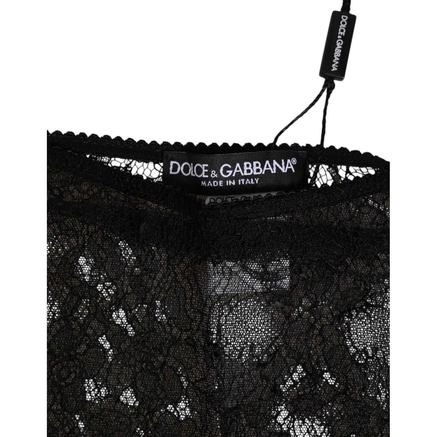 Close-up of Dolce & Gabbana Black Nylon Stretch High Waist Panty Underwear with logo detail and lace fabric texture.