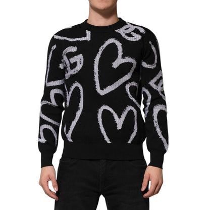Dolce & Gabbana Black Nylon Wool Heart Print Pullover Sweater