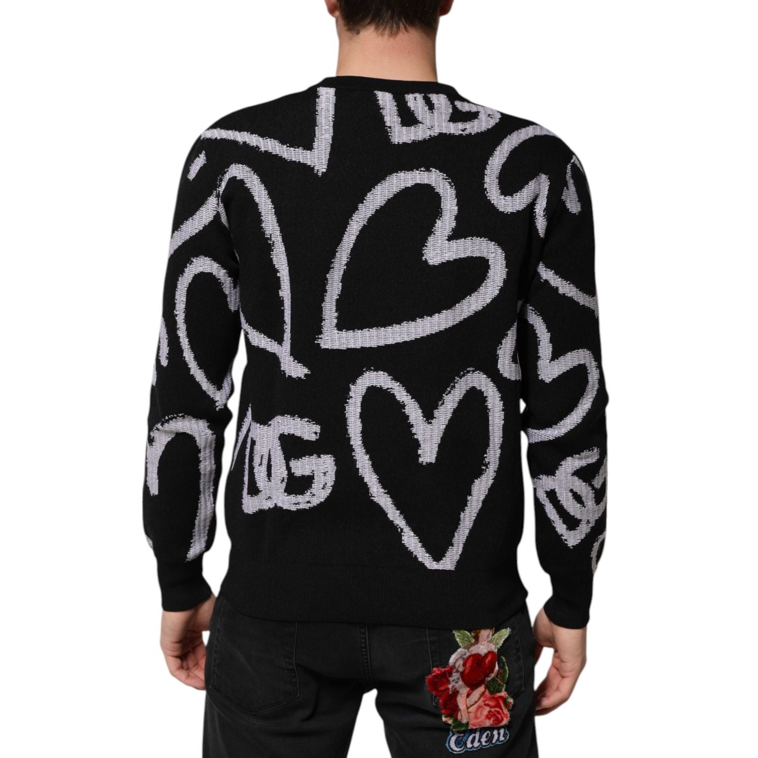 Dolce & Gabbana Black Nylon Wool Heart Print Pullover Sweater
