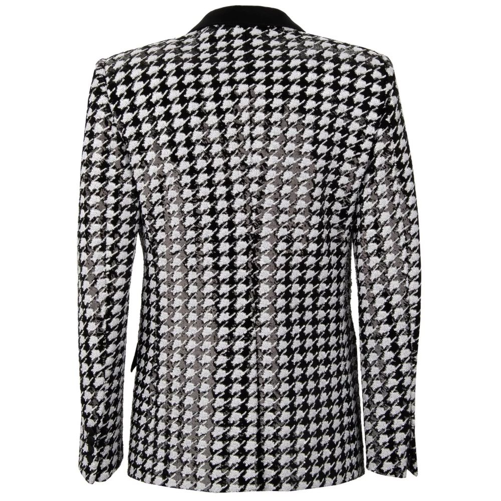 Dolce & Gabbana Black Polyester Blazer with houndstooth sequin-lined fabric and peak lapel, rear view of elegant jacket.