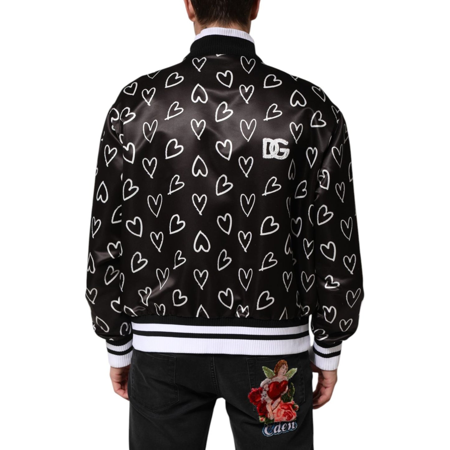 Dolce & Gabbana Black Polyester Heart Print Bomber Jacket