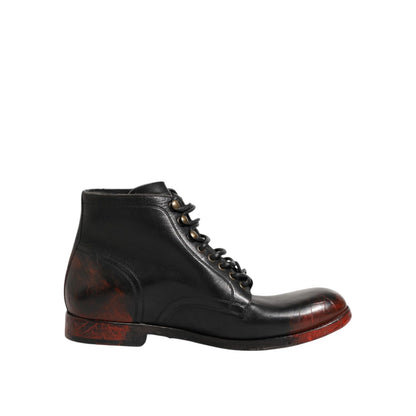 Dolce & Gabbana Black Red Lace Up Short Ankle Boot Shoes featuring calf leather and a sleek silhouette, perfect for modern style.