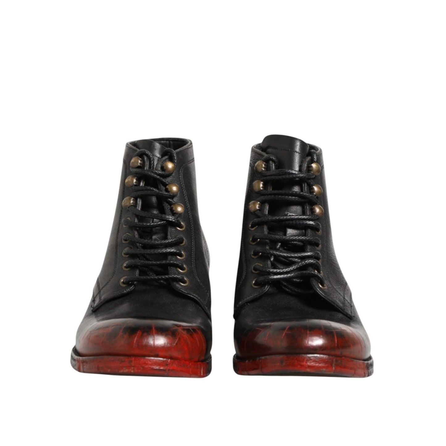 Dolce & Gabbana Black Red Lace Up Short Ankle Boot Shoes with sleek black leather and red accents, lace-up front design, versatile look.