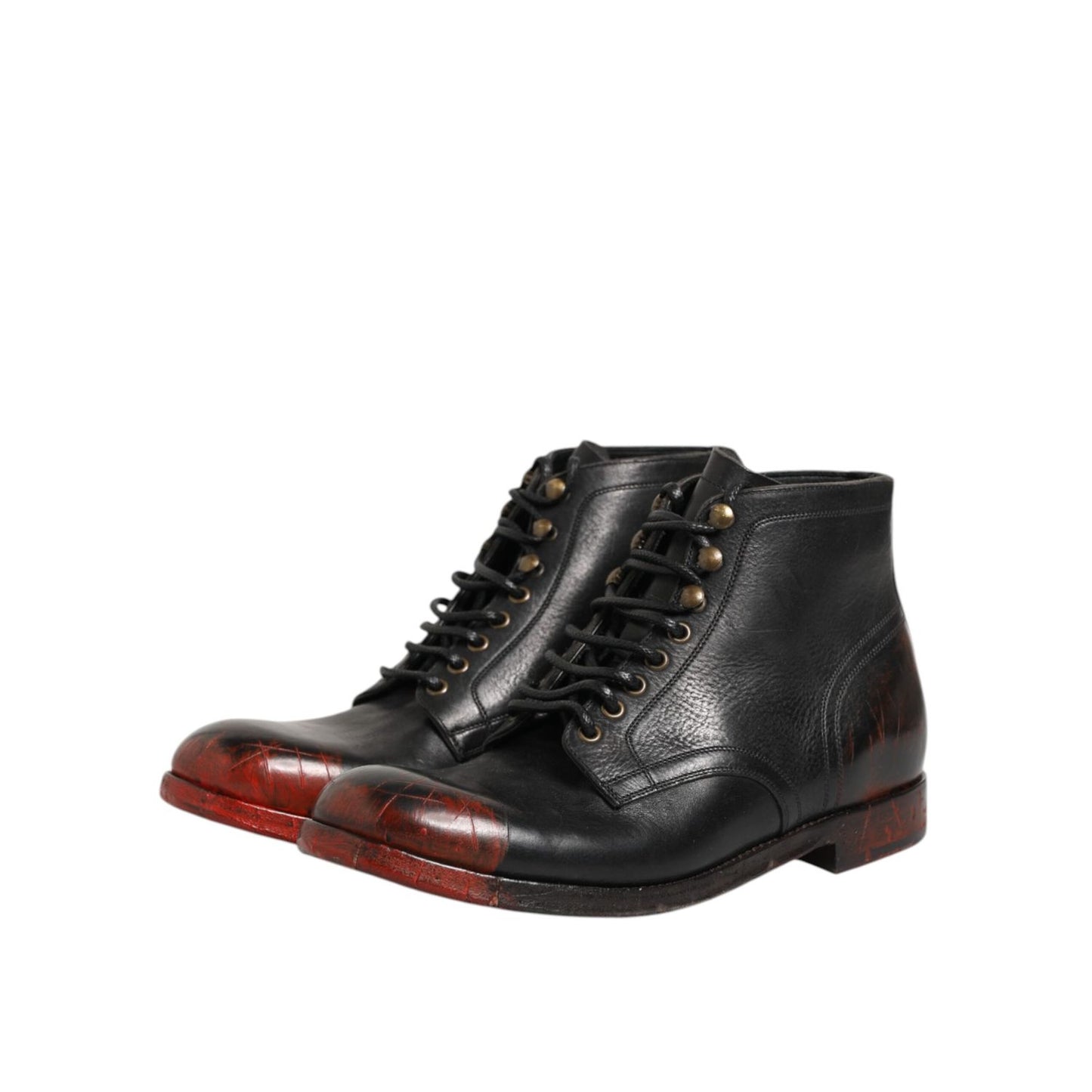 Dolce & Gabbana Black Red Lace Up Short Ankle Boot Shoes in black leather with red accents, featuring a lace-up front for a bold, stylish look.