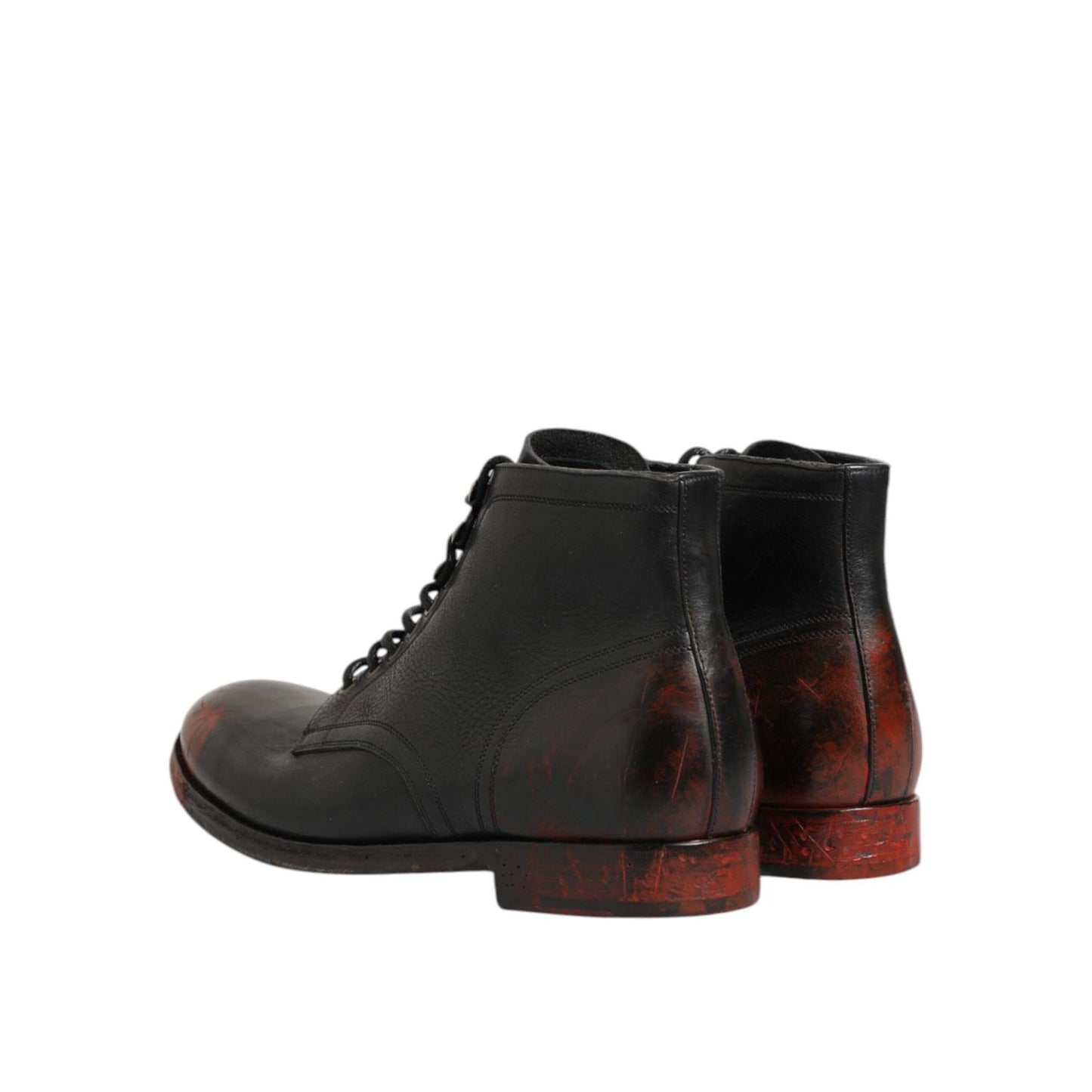 Dolce & Gabbana Black Red Lace Up Short Ankle Boot Shoes with sleek design, featuring black calfskin with red accents, back view.