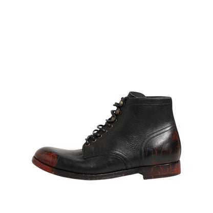 Dolce & Gabbana Black Red Lace Up Short Ankle Boot Shoes with sleek design and bold contrasts.