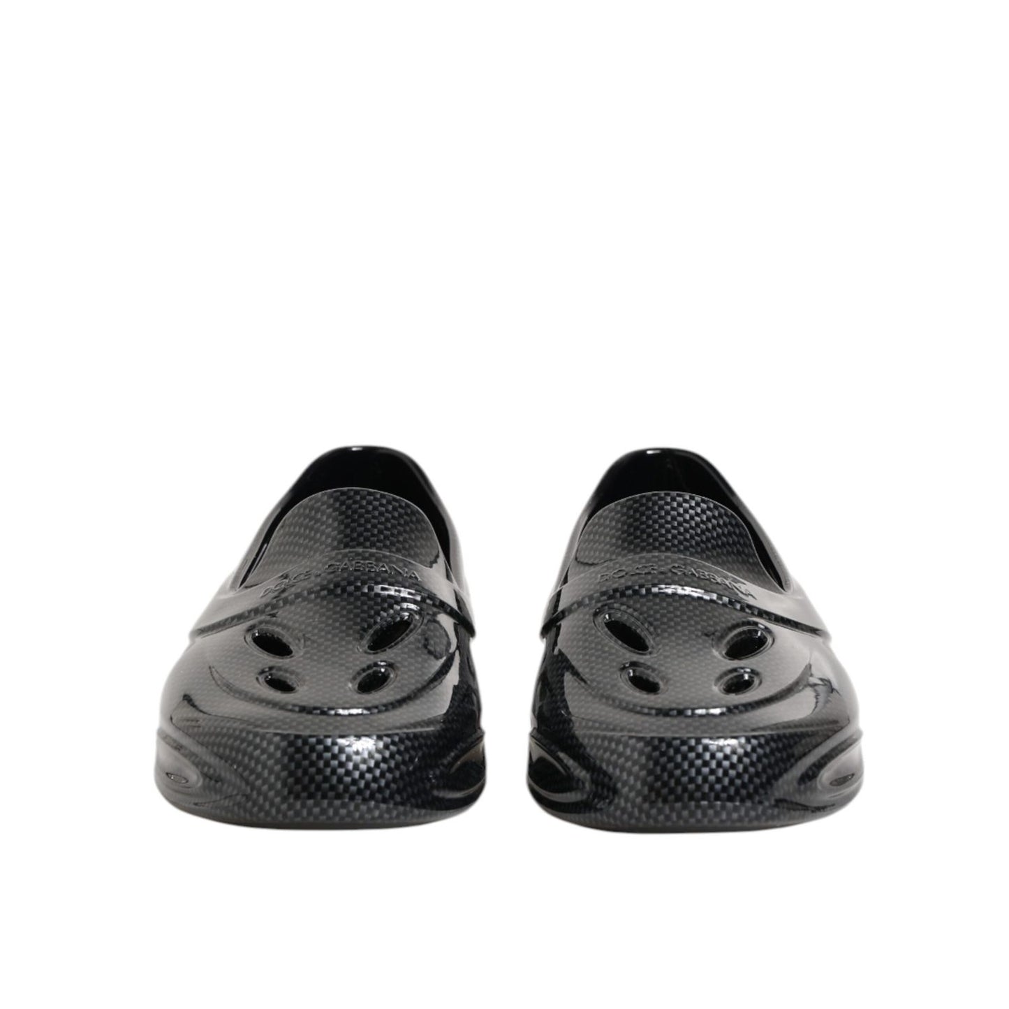 Dolce & Gabbana Black Rubber Slides Low Top Sneakers Shoes, crafted from durable material, slip-on design, front view.