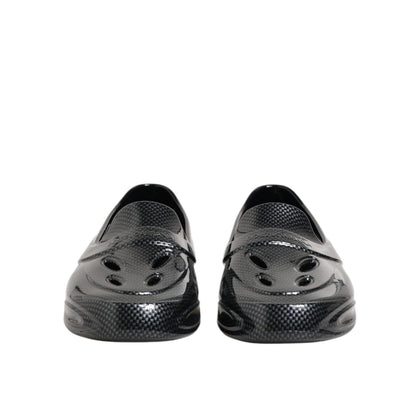 Dolce & Gabbana Black Rubber Slides Low Top Sneakers Shoes, crafted from durable material, slip-on design, front view.