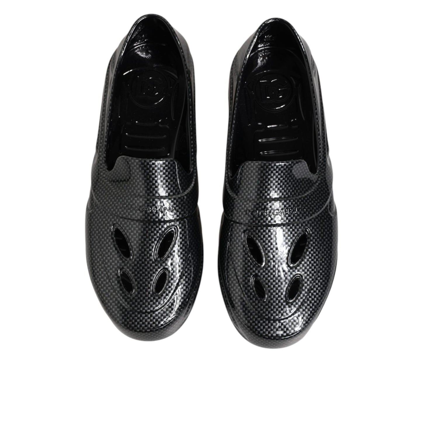 Dolce & Gabbana Black Rubber Slides Low Top Sneakers Shoes with sleek slip-on design and glossy finish, perfect for casual and streetwear styles.