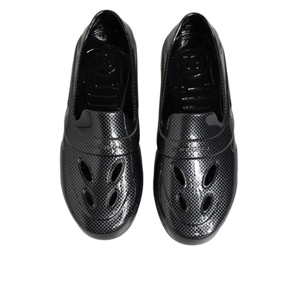 Dolce & Gabbana Black Rubber Slides Low Top Sneakers Shoes with sleek slip-on design and glossy finish, perfect for casual and streetwear styles.