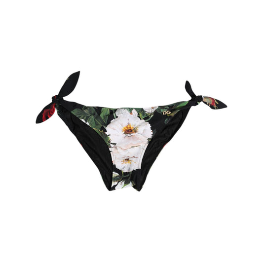 Dolce & Gabbana Black Side Tie Floral Bikini Bottom Swimwear with vibrant floral prints and adjustable side ties, made in Italy.