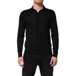 Dolce & Gabbana Black Silk Button Up Lightweight Sweater on model.