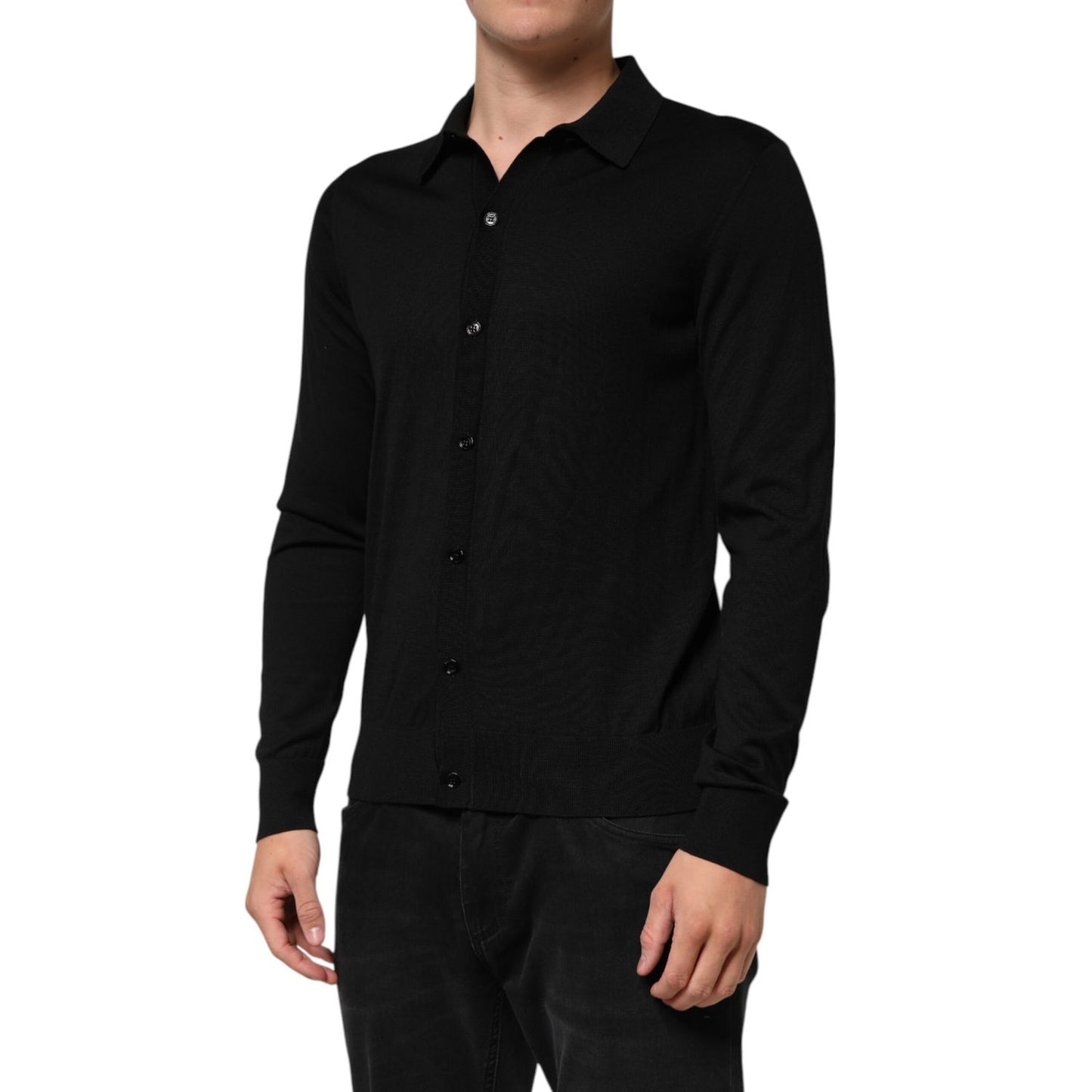 Dolce & Gabbana Black Silk Button Up Lightweight Sweater on model, featuring button-up closure and regular fit for elegant style.